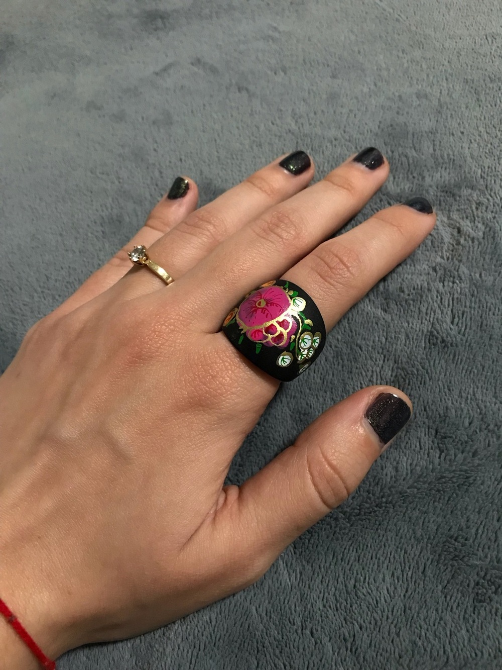 Black Hand Painted Wood Statement Chunky Ring Floral Design Size 8.5